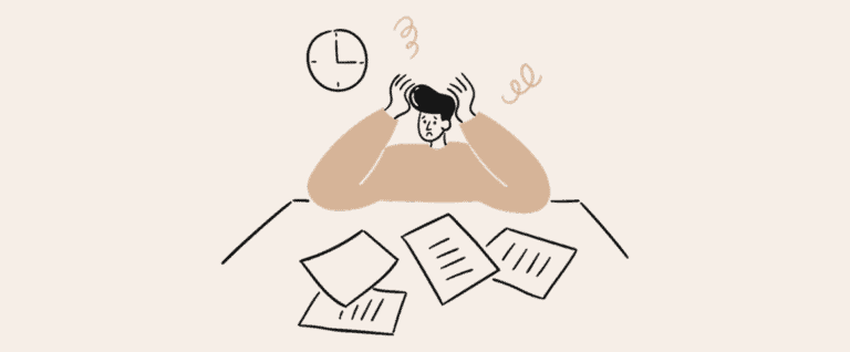 Illustration of a stressed person overwhelmed at a desk with papers and a clock